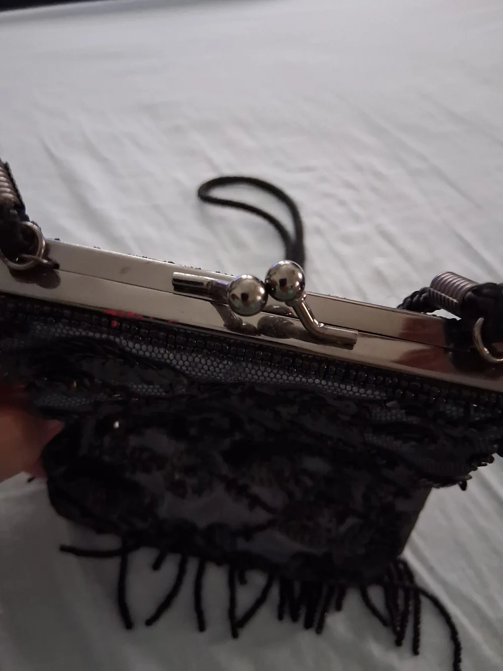 Lancome Black Sequined Floral Fringe Evening Bag